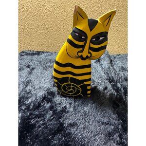 Vintage Handmade Wooden Striped Cat Figurine Black And Yellow
